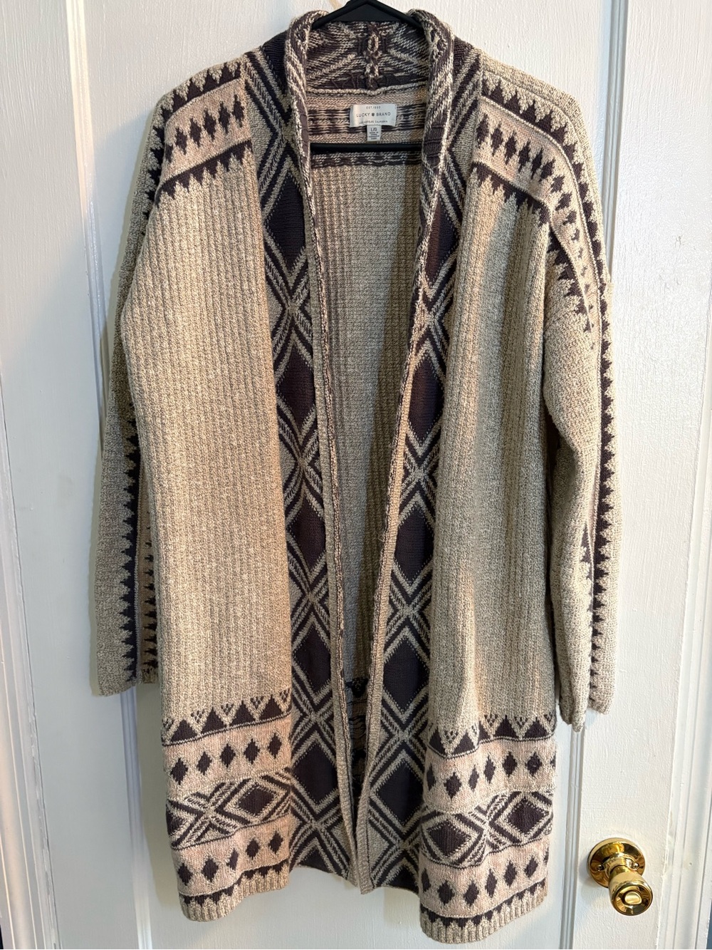 Lucky Brand Cream and Brown Aztec Open-Front Cardigan